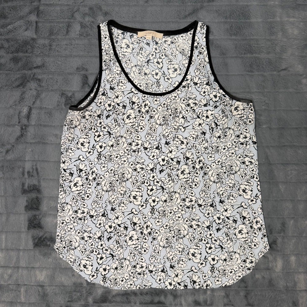 LOFT Womens Blue Black Floral Scoop Neck Sleeveless Tank Top Blouse Medium